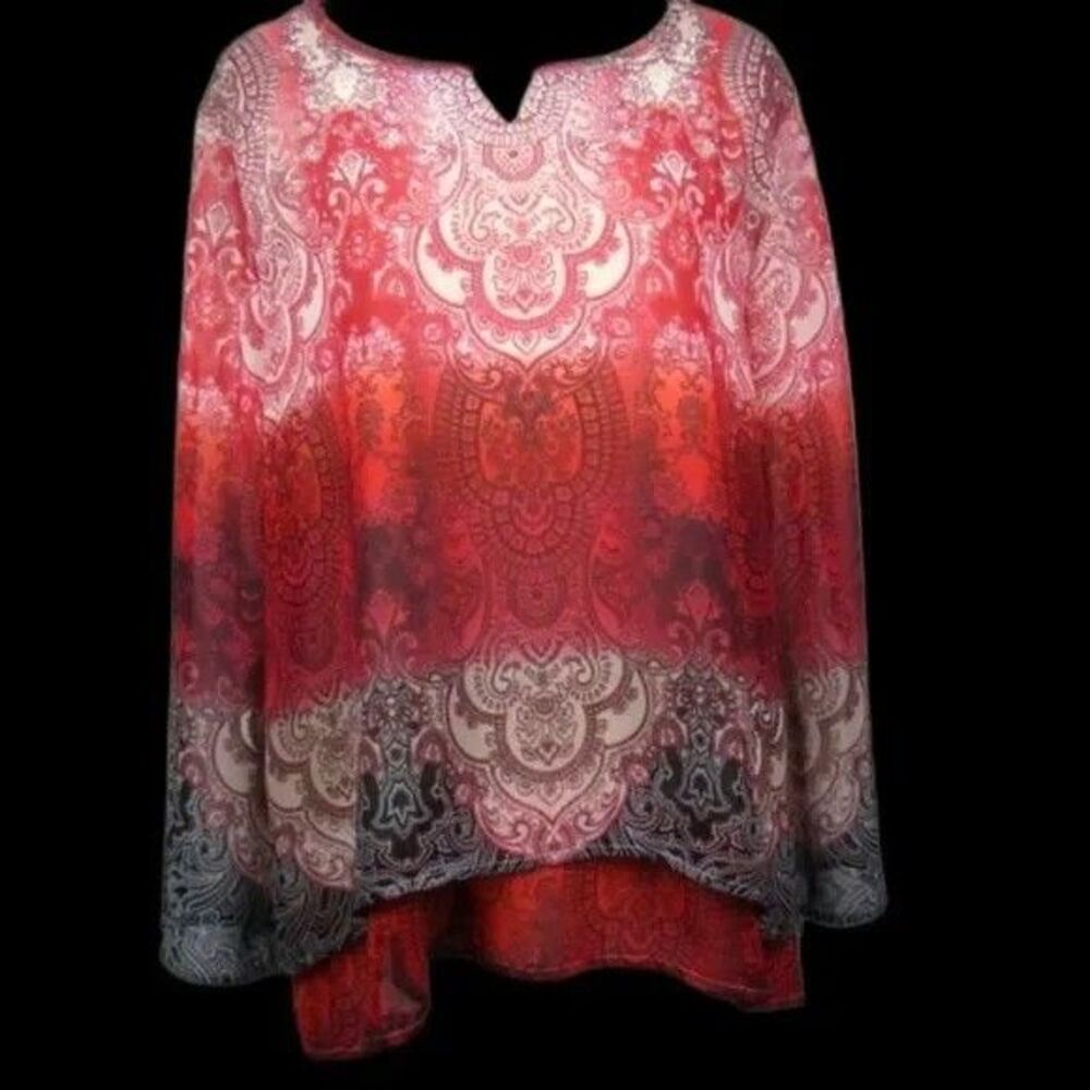 Style & Co Women's Size S Small Red Orange Paisley Rhinestone Long Sleeve Blouse